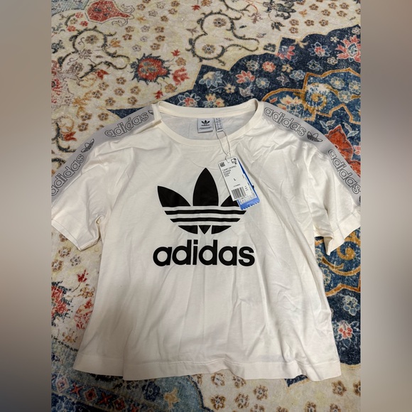 adidas Tops - 214 NWT Adidas Women's Black and White T-shirt Crop with Black Logo large